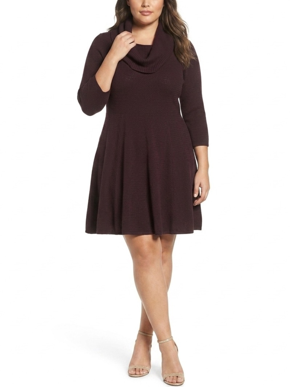 Eliza J Deep Plum Cowl Neck Long Sleeve Fit & Flare Knit Sweater Dress Plus 3X